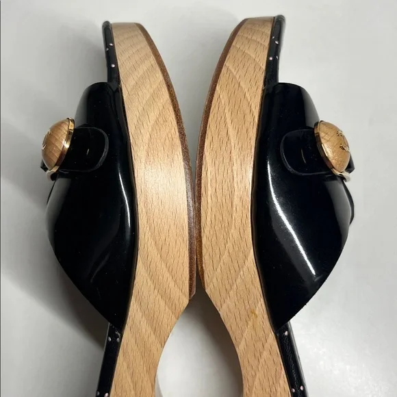 Chanel Patent Leather Wood Mule Wedges Slip On’s Logo Buckle Women's 7.5 B - Picture 6 of 16